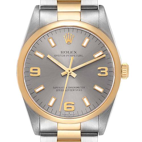 This is a front view of a Rolex Oyster Perpetual 14203 Men's Steel and Gold (two tone) Grey Dial 14203 Men's Steel and Gold (two tone) Grey Dial watch, showing the dial, hands, crown, and part of the bracelet.