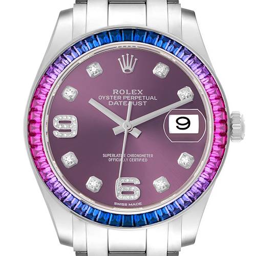 The Rolex Pearlmaster 86349SAFUBL Men's White Gold Red Dial 86349SAFUBL Men's White Gold Red Dial watch is shown from the front, highlighting its purple dial and colorful gemstone bezel.