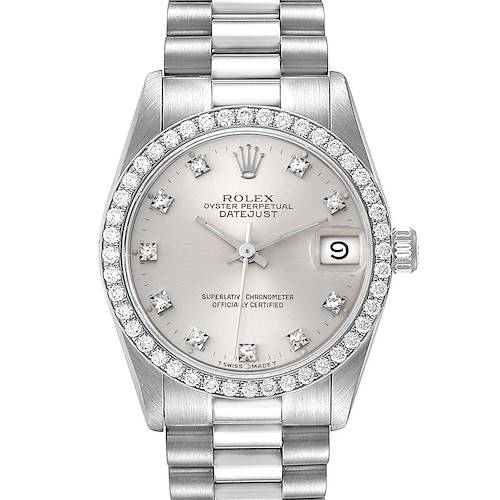 The image shows a Rolex President 68289 Women's White Gold Silver Dial 68289 Women's White Gold Silver Dial Datejust watch from a front angle, highlighting the dial, bezel, and bracelet.