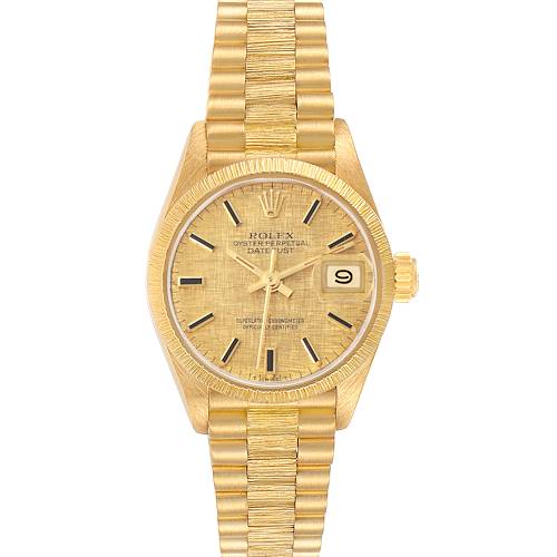 The Rolex Datejust 69278 Women's Yellow Gold Champagne Dial 69278 Women's Yellow Gold Champagne Dial watch is shown from a frontal angle, displaying its dial, case, and bracelet.