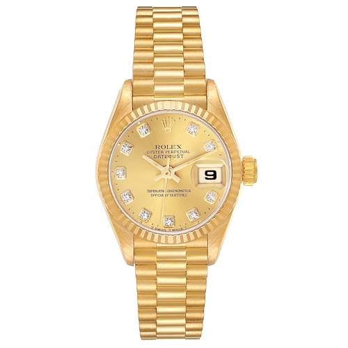 The Rolex President 69178 Women's Yellow Gold Champagne Dial 69178 Women's Yellow Gold Champagne Dial watch is shown from the front, highlighting its gold dial, diamond markers, and bracelet.