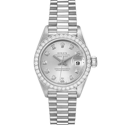 The image shows a Rolex President 69136 Women's Platinum Silver Dial 69136 Women's Platinum Silver Dial model watch from a front angle, displaying the dial, date window, bracelet, and diamond bezel.