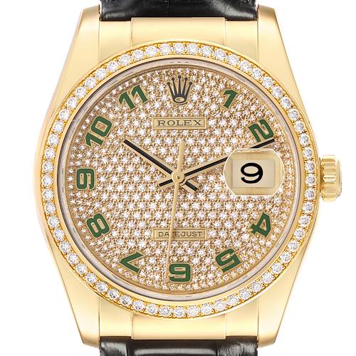 The Rolex President 116188 Men's Yellow Gold Champagne Dial 116188 Men's Yellow Gold Champagne Dial watch is shown from a front angle, highlighting the diamond-studded dial, green numerals, and date window.
