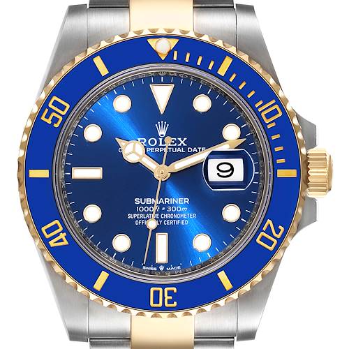 This image shows a frontal view of the Rolex Submariner 126613 Men's Steel and Gold (two tone) Blue Dial 126613 Men's Steel and Gold (two tone) Blue Dial watch, highlighting its blue dial, date display, and bezel.