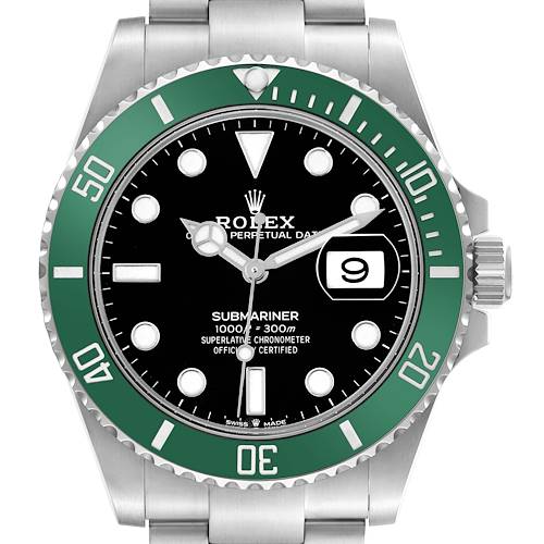 The Rolex Submariner 126610 Men's Stainless Steel Black Dial 126610 Men's Stainless Steel Black Dial watch is shown from the front, highlighting its green bezel, black dial, and date window.