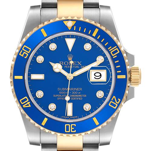 The Rolex Submariner 116613 Men's Steel and Gold (two tone) Blue Dial 116613 Men's Steel and Gold (two tone) Blue Dial is shown from a front angle, highlighting the blue dial, gold and blue bezel, crown, and part of the metal bracelet.
