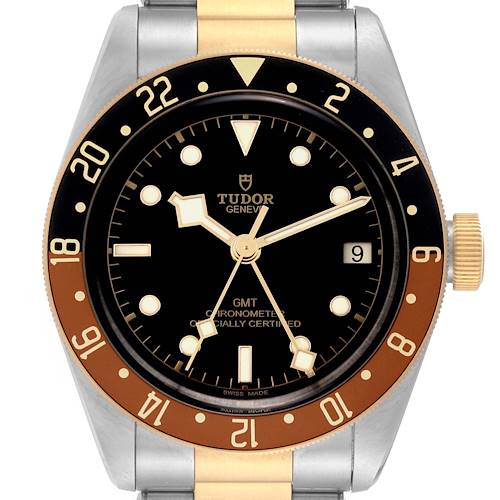 The image shows a front view of the Tudor Heritage Black Bay 79833MN Men's Steel and Gold (two tone) Black Dial 79833MN Men's Steel and Gold (two tone) Black Dial watch, highlighting the dial, bezel, hands, and crown.