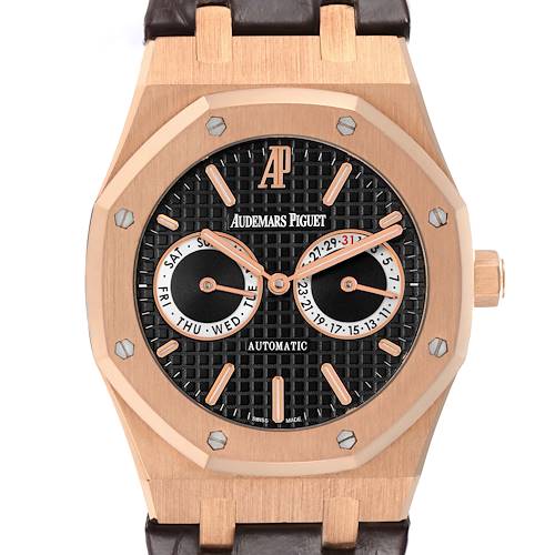 The Audemars Piguet Royal Oak 26330OR.OO.D088CR.01 Men's Rose Gold Black Dial 26330OR.OO.D088CR.01 Men's Rose Gold Black Dial watch is shown from a front view, highlighting the dial, bezel, and crown.