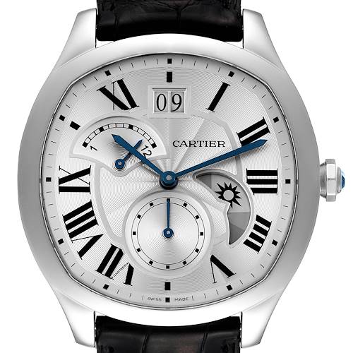 The image shows a close-up of the dial and face of a Drive de Cartier watch by Cartier, featuring a date display and subdials.