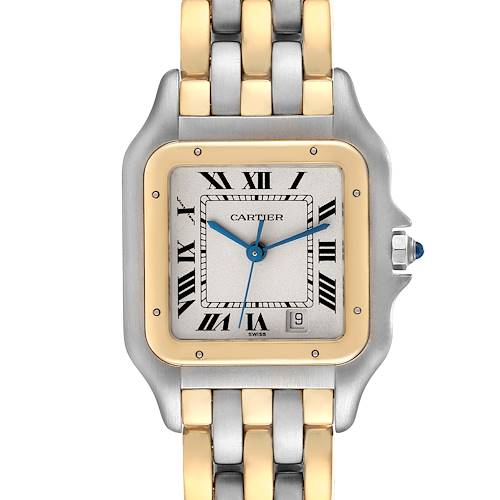 This image shows the front view of a Cartier Panthere W25028B8 Women's Steel and Gold (two tone) Silver Dial W25028B8 Women's Steel and Gold (two tone) Silver Dial watch, displaying the dial, bezel, and parts of the bracelet.