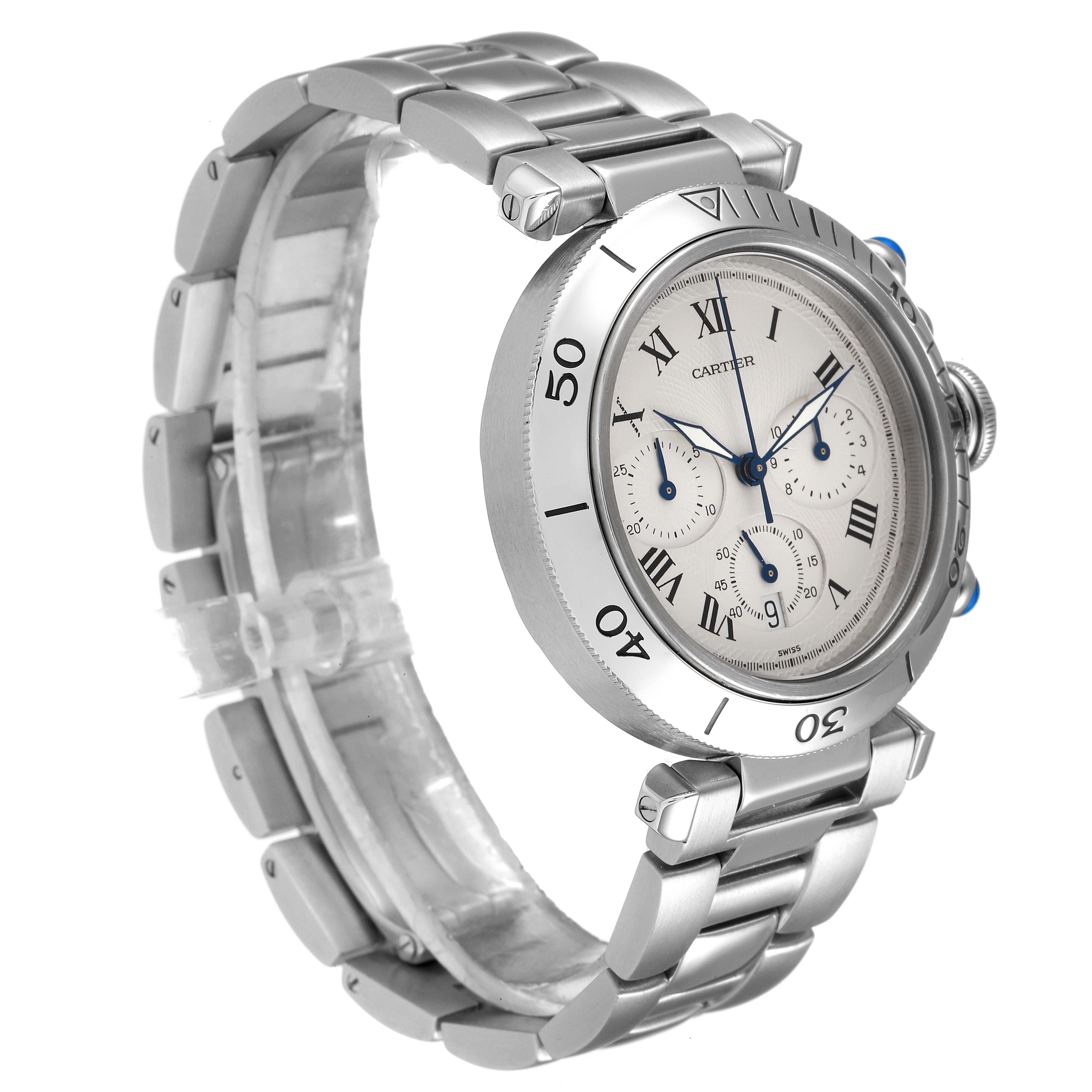 This image shows a Cartier Pasha W31018H3 Men's Stainless Steel Silver Dial W31018H3 Men's Stainless Steel Silver Dial watch at a three-quarter angle, highlighting its face, bezel, and bracelet.