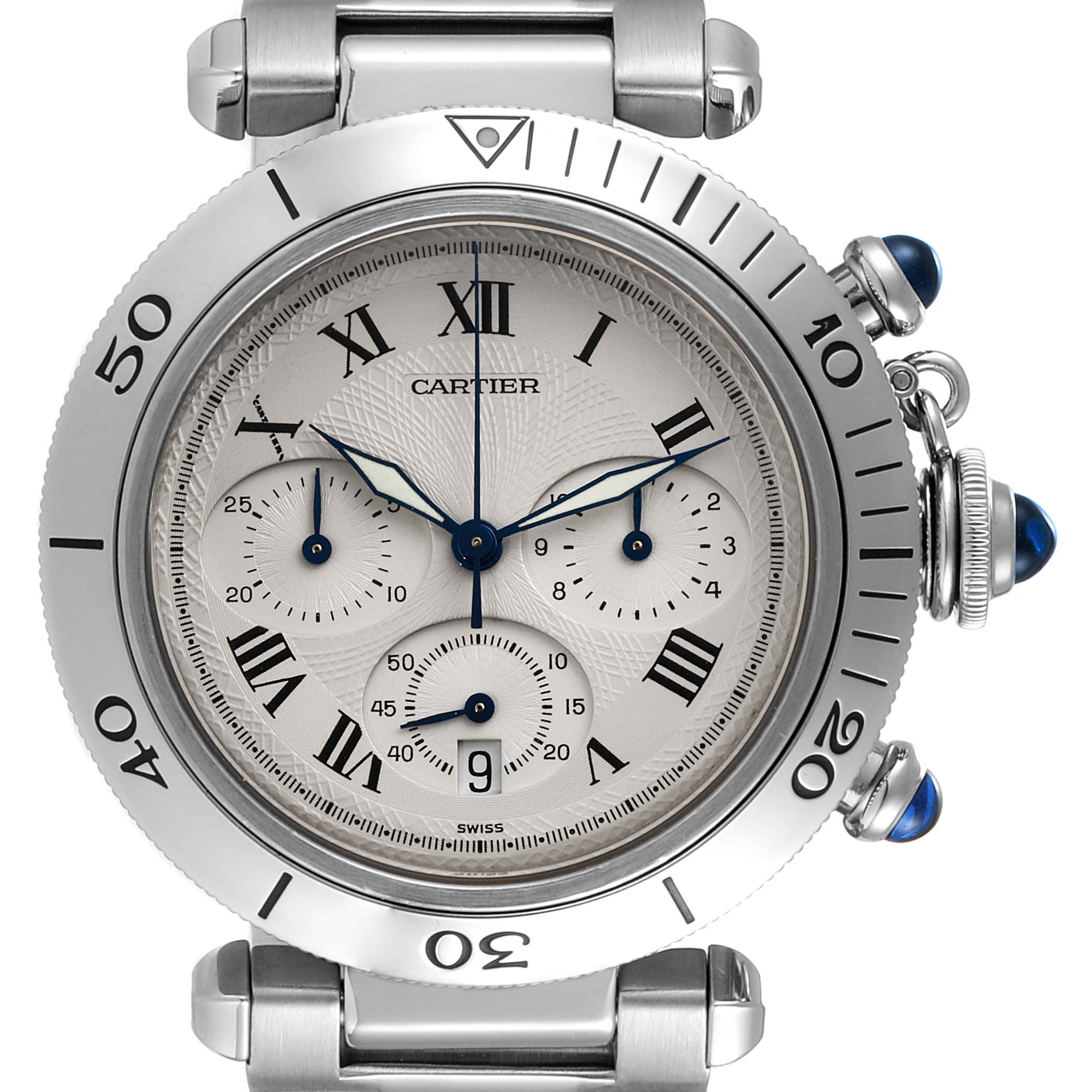 The image displays a front view of the Cartier Pasha W31018H3 Men's Stainless Steel Silver Dial W31018H3 Men's Stainless Steel Silver Dial watch, showing the face, bezel, and part of the strap.