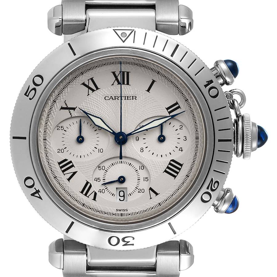The image displays a front view of the Cartier Pasha W31018H3 Men's Stainless Steel Silver Dial W31018H3 Men's Stainless Steel Silver Dial watch, showing the face, bezel, and part of the strap.