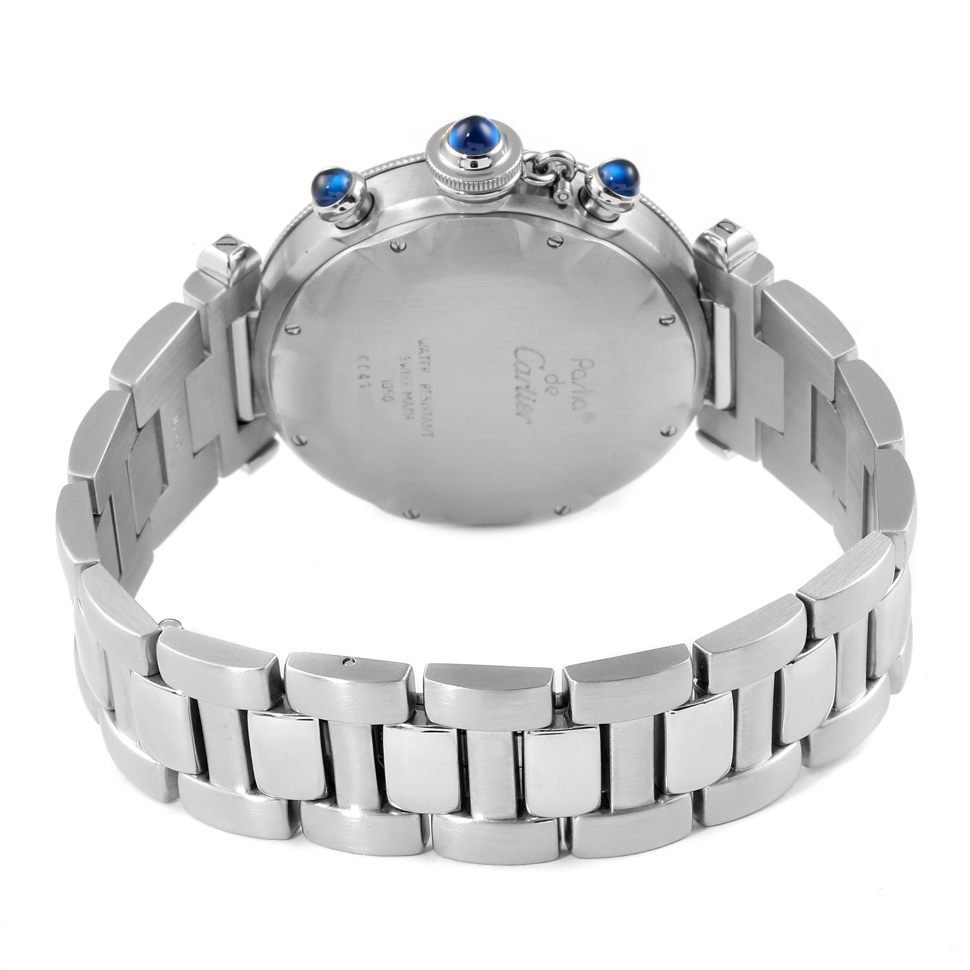 The image shows the back view of a Cartier Pasha W31018H3 Men's Stainless Steel Silver Dial W31018H3 Men's Stainless Steel Silver Dial watch, highlighting its case back and metal bracelet.