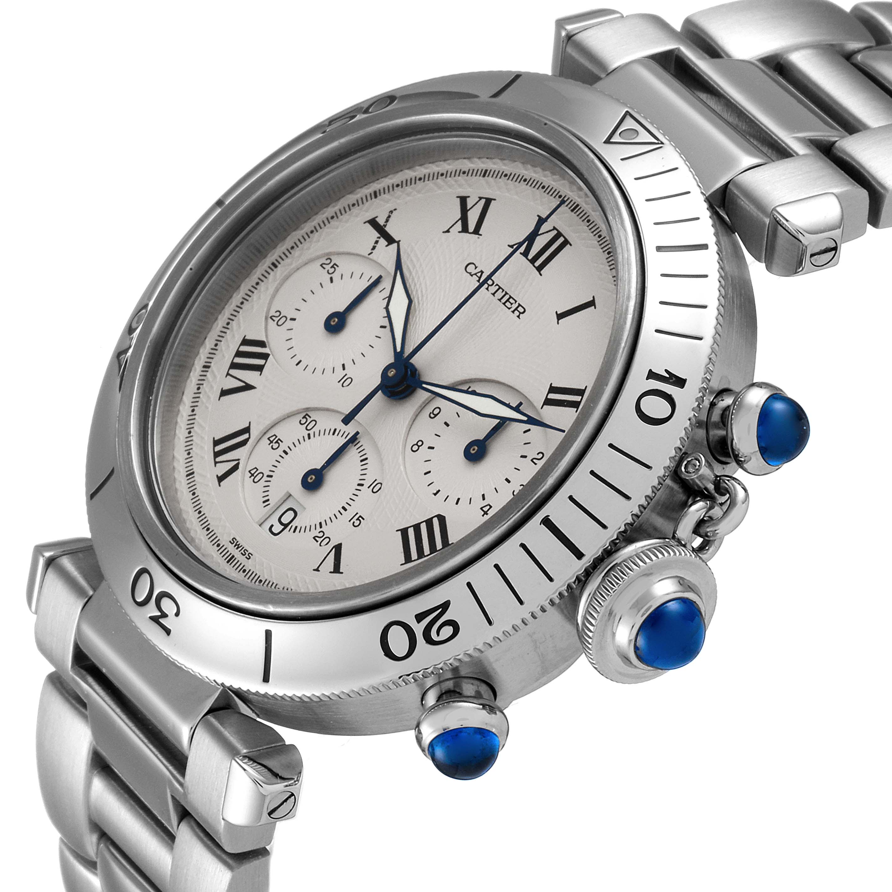 The image shows a close-up angle of the Cartier Pasha W31018H3 Men's Stainless Steel Silver Dial W31018H3 Men's Stainless Steel Silver Dial watch, highlighting the face, bezel, and part of the metal strap.