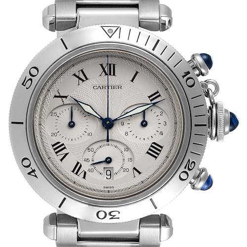 The image shows a frontal view of the Cartier Pasha W31018H3 Men's Stainless Steel Silver Dial W31018H3 Men's Stainless Steel Silver Dial watch, highlighting its face, bezel, and crown with blue accents.
