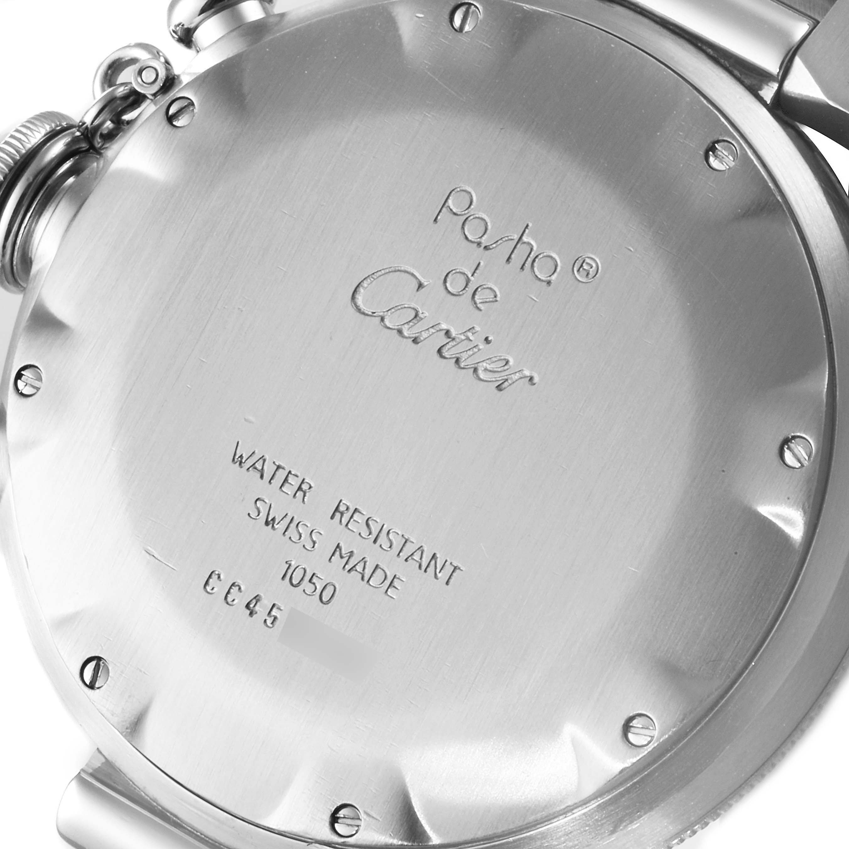 The image shows the back casing of a Cartier Pasha W31018H3 Men's Stainless Steel Silver Dial W31018H3 Men's Stainless Steel Silver Dial watch, highlighting its branding and water resistance information.