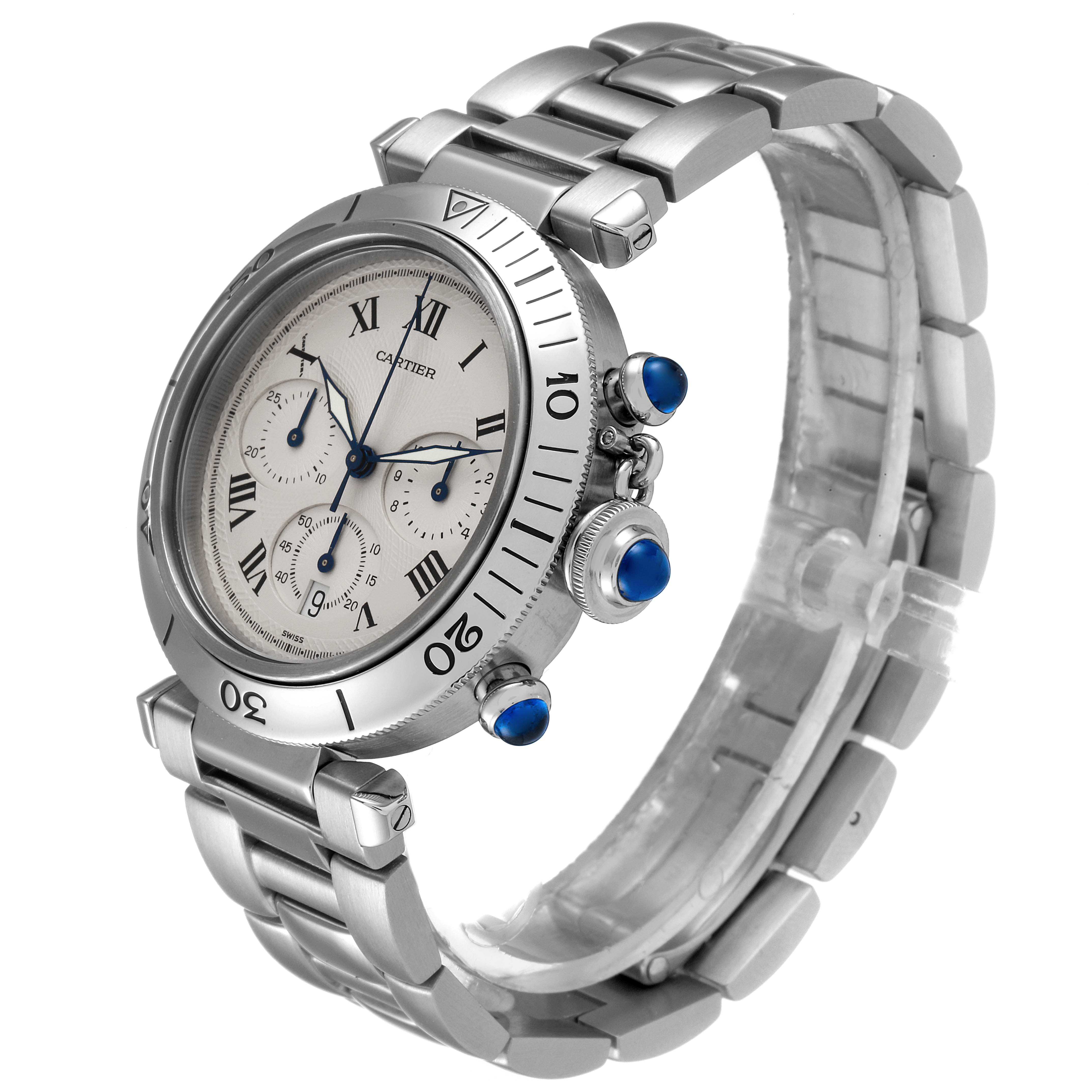 The image shows a Cartier Pasha W31018H3 Men's Stainless Steel Silver Dial W31018H3 Men's Stainless Steel Silver Dial model watch at an angled side view, highlighting its face, bezel, and bracelet.