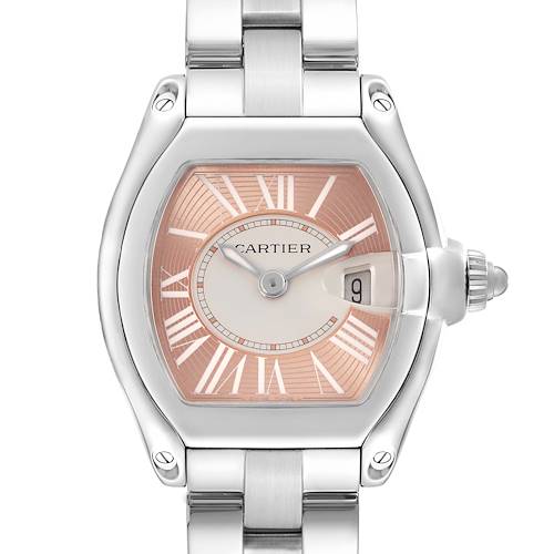 The Cartier Roadster W62054V3 Women's Stainless Steel Pink Dial W62054V3 Women's Stainless Steel Pink Dial watch is shown from a frontal angle, highlighting the dial, date window, and part of the bracelet.