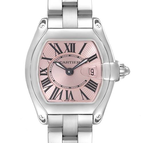 The image shows a front view of the Cartier Roadster W62017V3 Women's Stainless Steel Pink Dial W62017V3 Women's Stainless Steel Pink Dial watch, highlighting its dial, crown, and part of the bracelet.