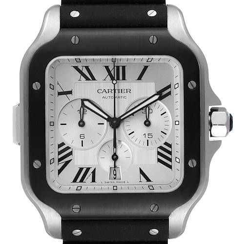 This image shows a front view of the Santos model by Cartier, featuring the watch face and bezel.