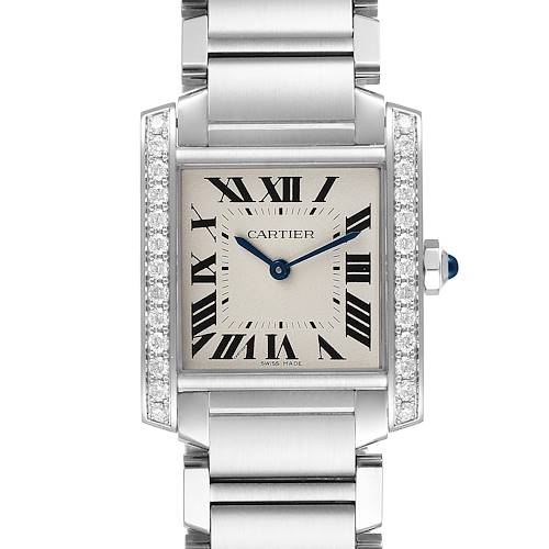 The image shows a front view of the Cartier Tank Française watch, highlighting its rectangular face, Roman numerals, and metallic bracelet.