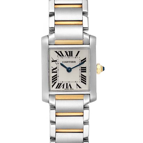 The image shows a front view of the Cartier Tank Francaise W51007Q4 Women's Steel and Gold (two tone) Silver Dial W51007Q4 Women's Steel and Gold (two tone) Silver Dial watch, highlighting its rectangular face and metal bracelet with gold accents.
