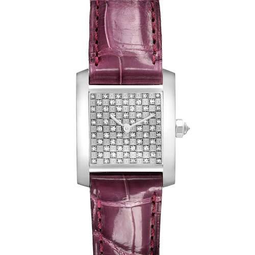 This Cartier Tank Francaise WE102631 Women's White Gold Silver Dial WE102631 Women's White Gold Silver Dial watch is shown from a top-down angle, featuring its diamond-studded square face and purple leather strap.