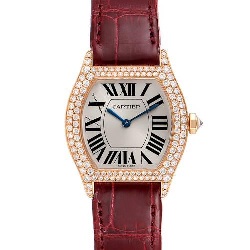 The image shows a front view of a Cartier Tortue 2645 Women's Rose Gold Silver Dial 2645 Women's Rose Gold Silver Dial watch with a diamond bezel and a maroon leather strap.