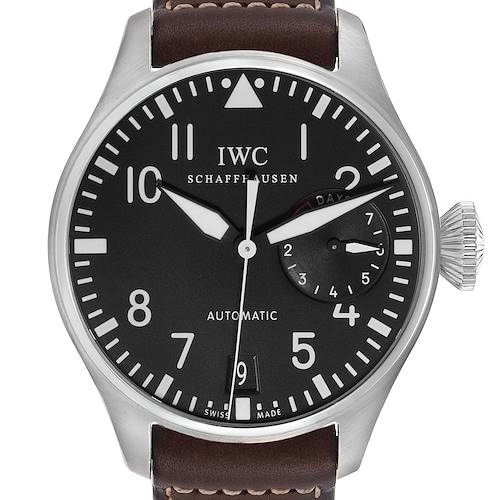 The IWC Pilot IW500901 Men's Stainless Steel Black Dial IW500901 Men's Stainless Steel Black Dial model watch is shown from a front angle, highlighting its black dial, numerals, and brown leather strap.