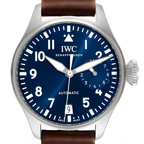 The image shows a front view of the IWC Pilot IW500916 Men's Stainless Steel Blue Dial IW500916 Men's Stainless Steel Blue Dial model watch with a blue dial, large numerals, date window, and a leather strap.