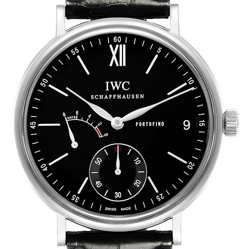 The IWC Portofino IW510102 Men's Stainless Steel Black Dial IW510102 Men's Stainless Steel Black Dial watch is shown from a front angle, displaying its black dial, silver hands, subdials, and leather strap.