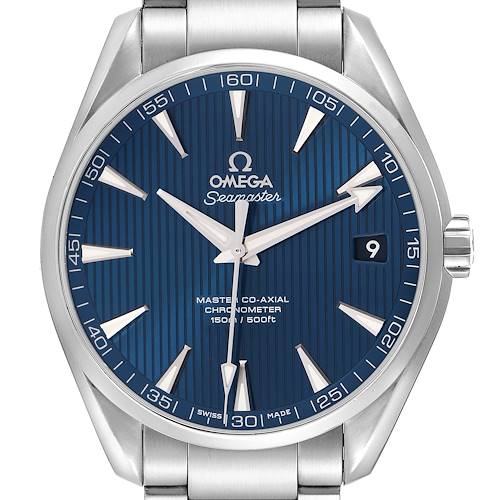 The Omega Aqua Terra 231.10.42.21.03.003 Men's Stainless Steel Blue Dial 231.10.42.21.03.003 Men's Stainless Steel Blue Dial watch is shown from the front, displaying its blue dial, hands, indices, date window, and part of the bracelet.