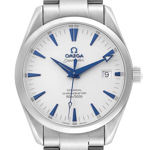 The Omega Aqua Terra 2503.33.00 Men's Stainless Steel Silver Dial 2503.33.00 Men's Stainless Steel Silver Dial watch is shown from a front angle, highlighting the dial, hands, crown, and part of the bracelet.