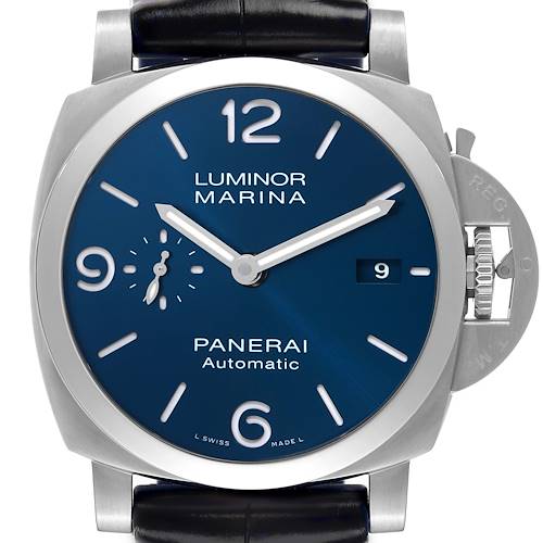 The image shows a front view of the Panerai Luminor PAM01313 Men's Stainless Steel Blue Dial PAM01313 Men's Stainless Steel Blue Dial watch, highlighting its blue dial, numerals, and crown guard.