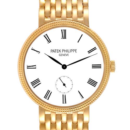 This image shows the face and upper part of the bracelet of a Patek Philippe Calatrava 7119J Women's Yellow Gold White Dial 7119J Women's Yellow Gold White Dial watch.