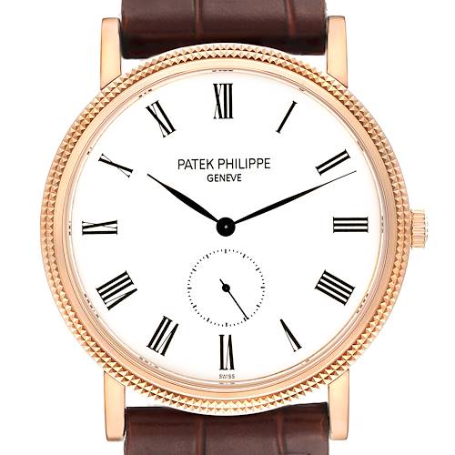 The image shows a front angle of the Patek Philippe Calatrava 5119R Men's Rose Gold White Dial 5119R Men's Rose Gold White Dial watch, displaying its dial, hands, bezel, crown, and part of the strap.