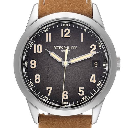 The Patek Philippe Calatrava 5226G-001 Men's White Gold Grey Dial 5226G-001 Men's White Gold Grey Dial watch is shown from a front angle, highlighting the face, hands, and leather strap.