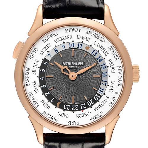 The Patek Philippe Complications 5230R-001 Men's Rose Gold Grey Dial 5230R-001 Men's Rose Gold Grey Dial watch is shown from the front, displaying its intricate dial with world time indicators.
