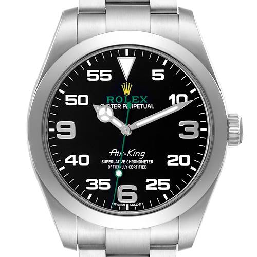 The Rolex Air-King 116900 Men's Stainless Steel Black Dial 116900 Men's Stainless Steel Black Dial watch is shown from a front angle, displaying the dial, bezel, and part of the bracelet.