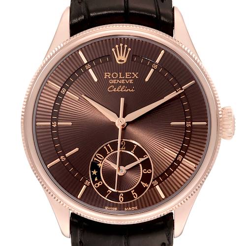 The image shows a front view of the Rolex Cellini 50525 Men's Rose Gold Brown Dial 50525 Men's Rose Gold Brown Dial watch, displaying its dial, hands, and crown.