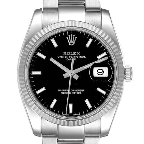 This image shows a front view of a Rolex Date 115234 Men's Stainless Steel Black Dial 115234 Men's Stainless Steel Black Dial model, highlighting the dial, fluted bezel, and part of the bracelet.