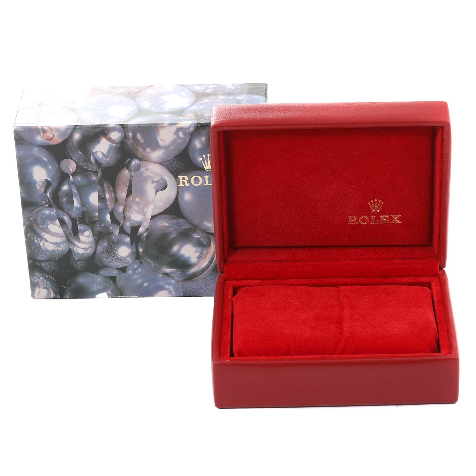 The image shows the red packaging box of a Rolex Datejust 79174 Women's Stainless Steel Silver Dial 79174 Women's Stainless Steel Silver Dial watch, with the lid open and the outer protective case beside it.