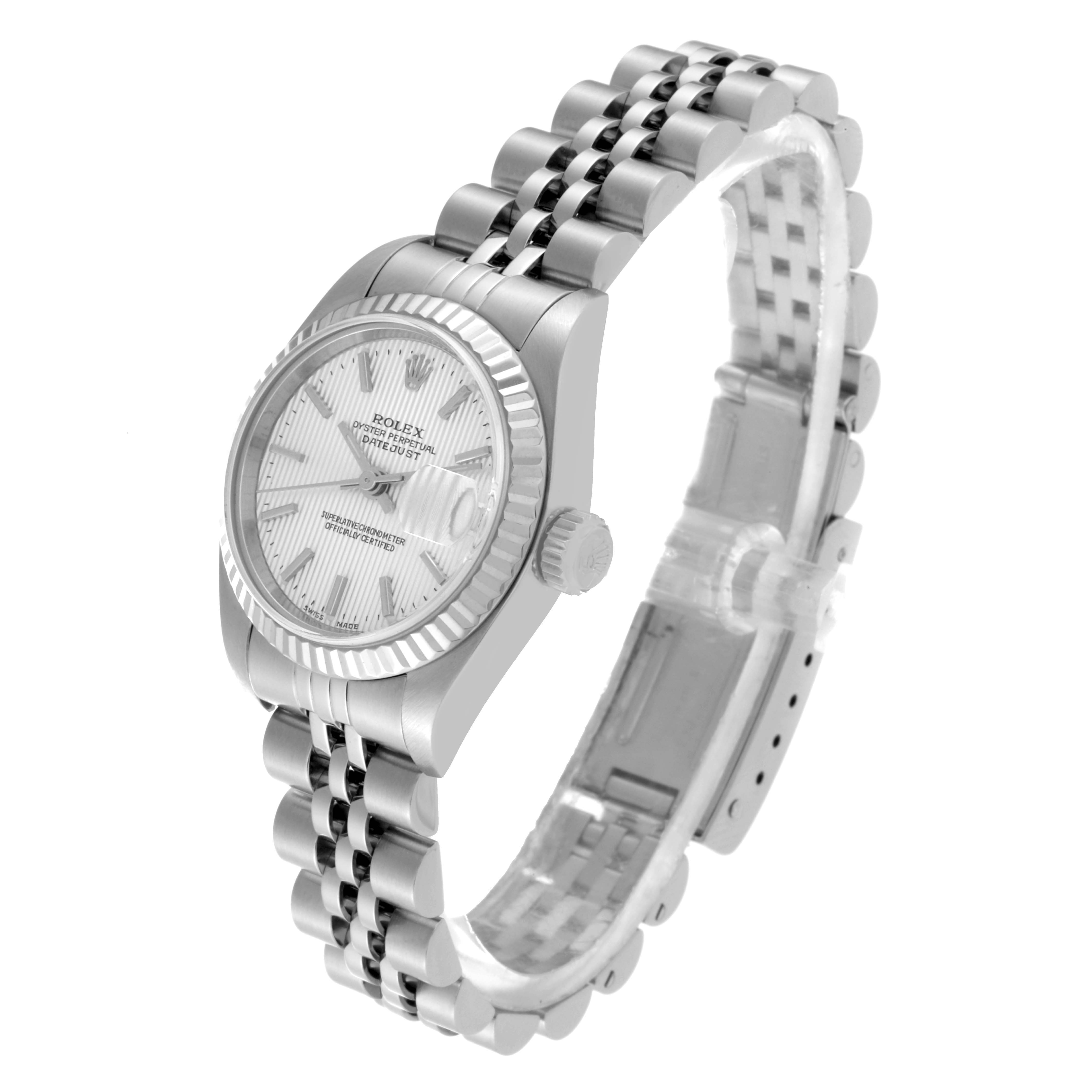 The image shows a Rolex Datejust 79174 Women's Stainless Steel Silver Dial 79174 Women's Stainless Steel Silver Dial watch at a three-quarter angle, highlighting the bracelet, bezel, crown, and dial.