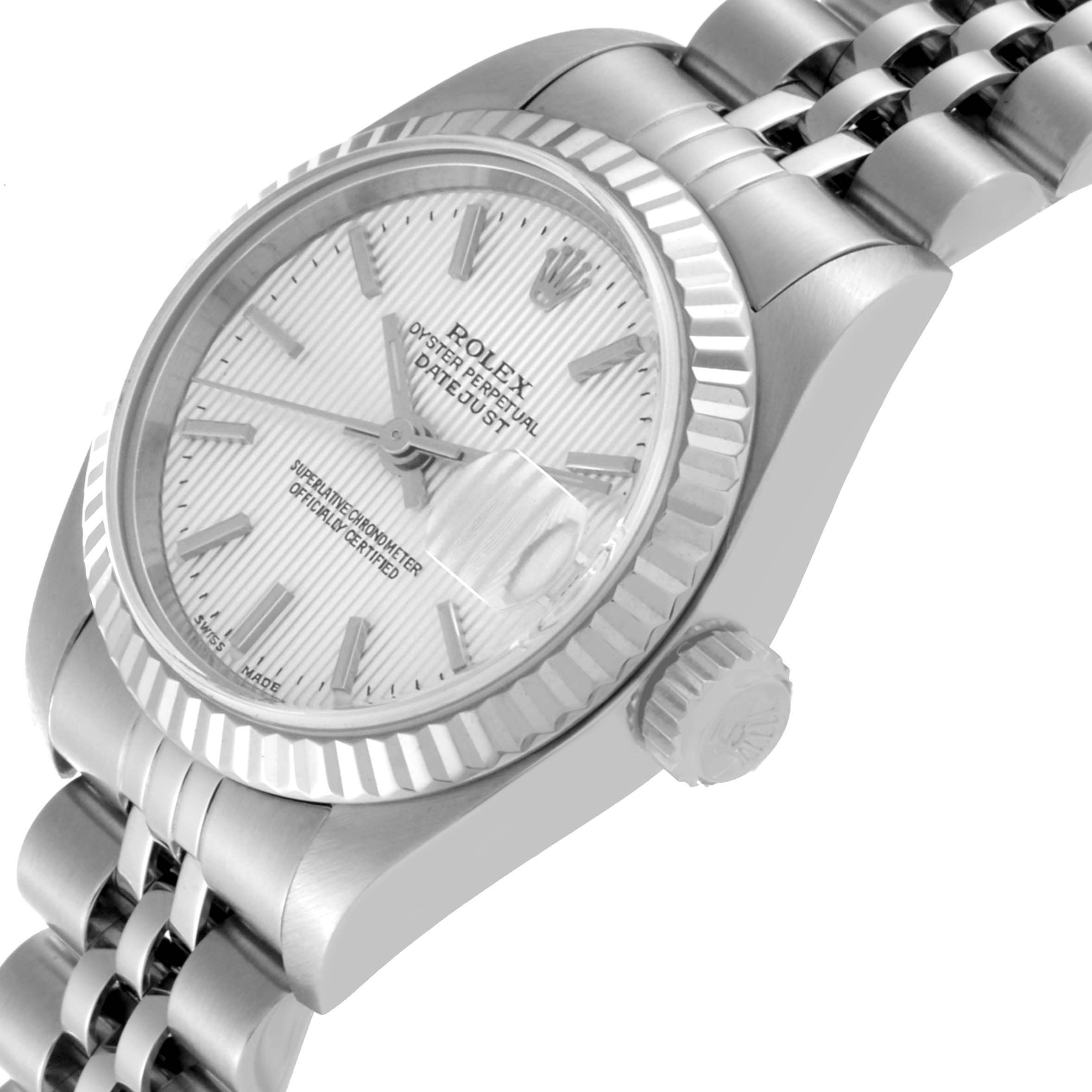 The image shows a side angle of a Rolex Datejust 79174 Women's Stainless Steel Silver Dial 79174 Women's Stainless Steel Silver Dial watch focused on the dial, bezel, crown, and part of the bracelet.