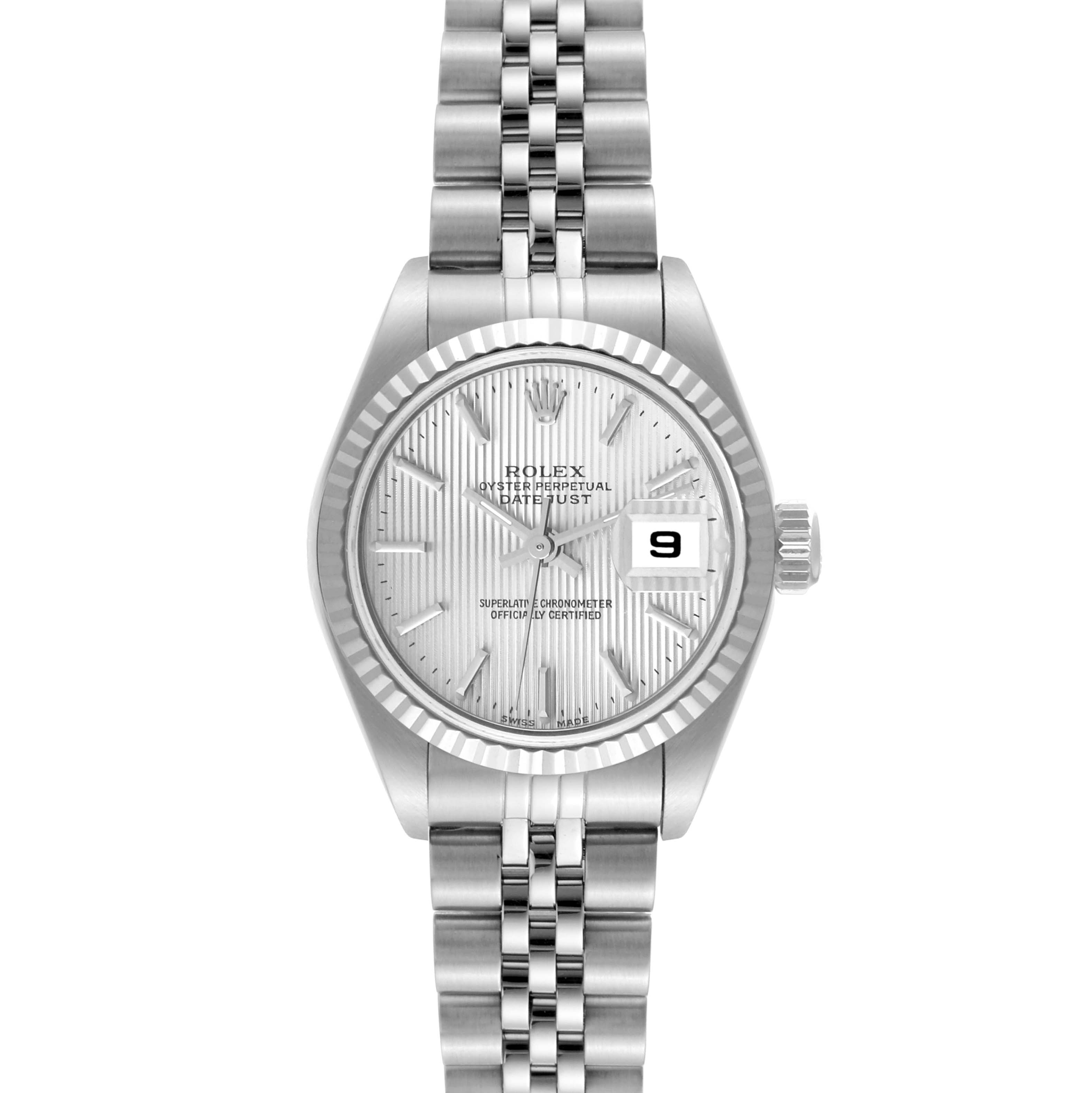 The image shows a front view of a Rolex Datejust 79174 Women's Stainless Steel Silver Dial 79174 Women's Stainless Steel Silver Dial watch, showcasing its dial, bezel, and part of the bracelet.