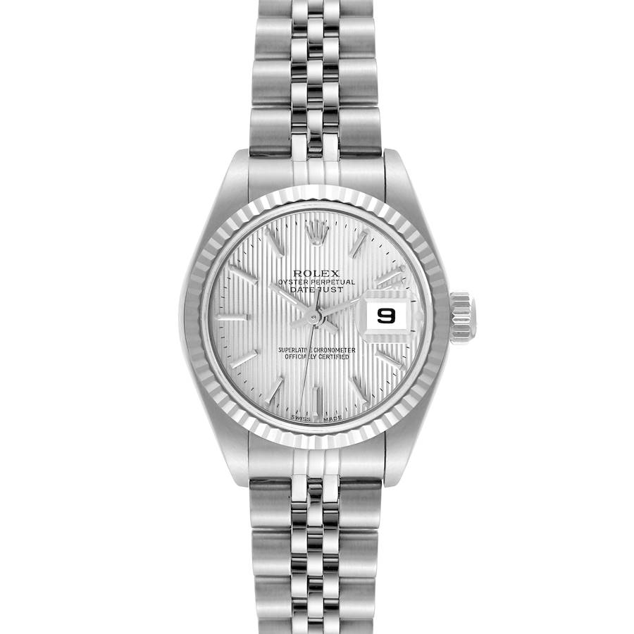 The image shows a front view of a Rolex Datejust 79174 Women's Stainless Steel Silver Dial 79174 Women's Stainless Steel Silver Dial watch, showcasing its dial, bezel, and part of the bracelet.