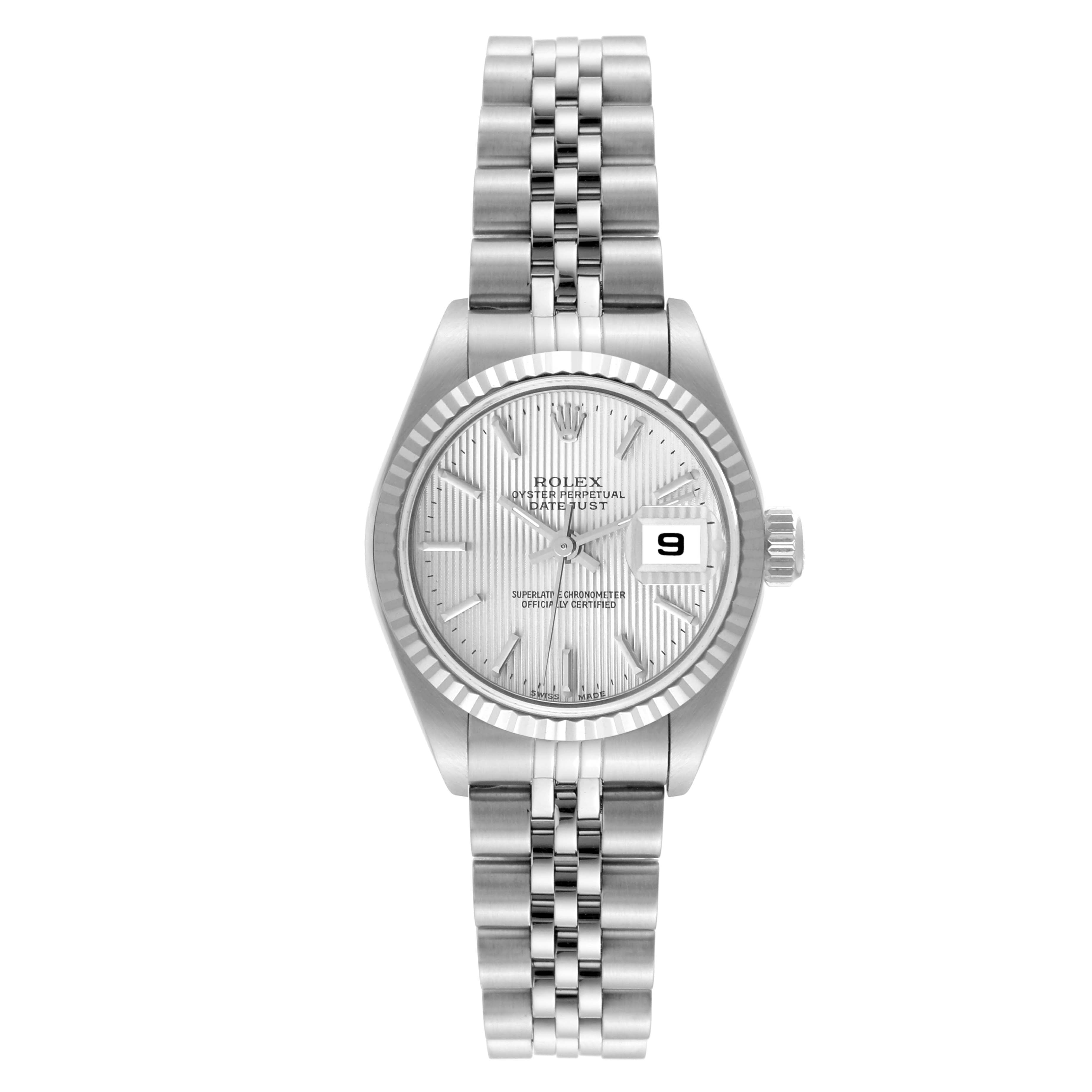 This image shows a front view of a Rolex Datejust 79174 Women's Stainless Steel Silver Dial 79174 Women's Stainless Steel Silver Dial watch, including the dial, bezel, and bracelet.