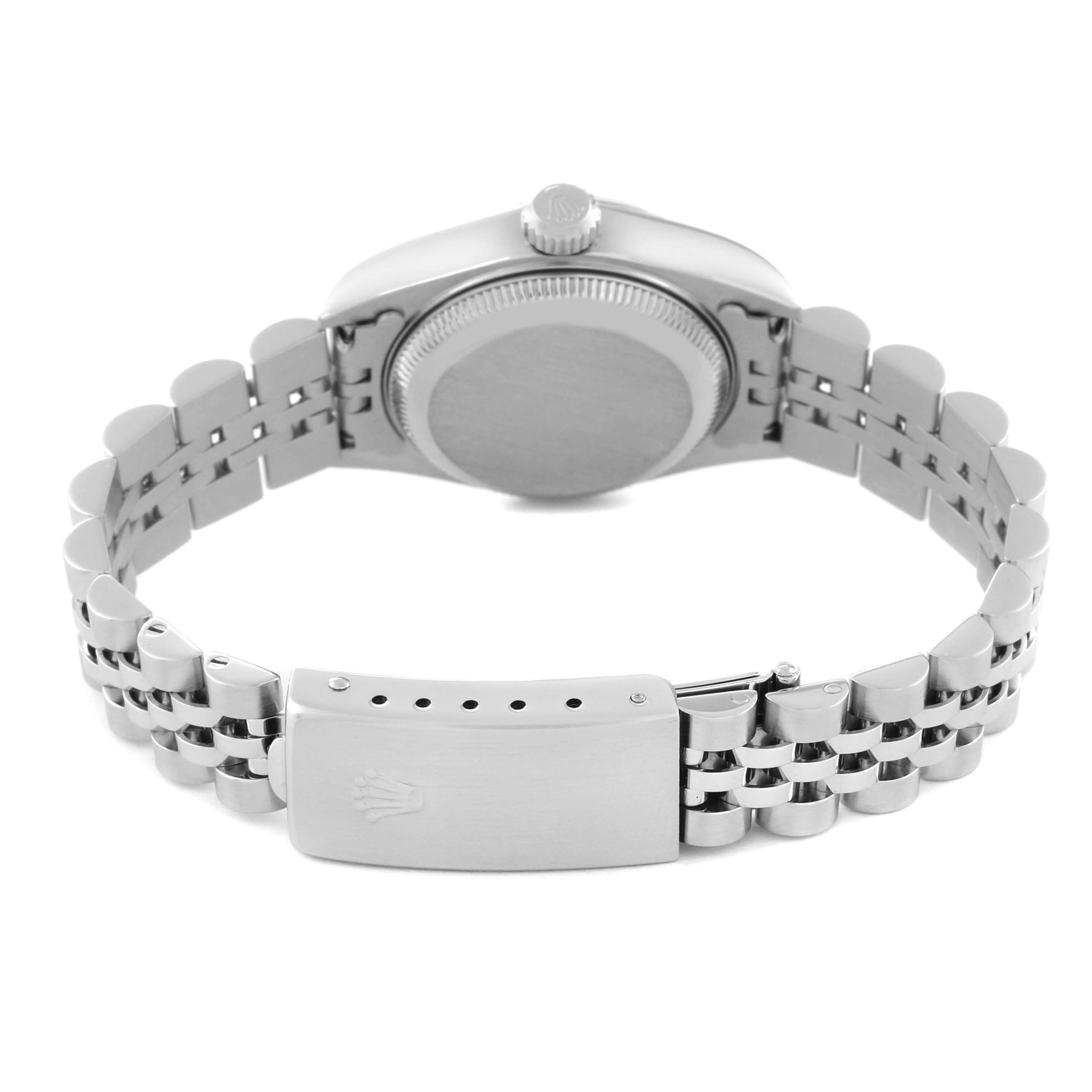 The image shows the back of a Rolex Datejust 79174 Women's Stainless Steel Silver Dial 79174 Women's Stainless Steel Silver Dial watch, highlighting the case back, crown, and the bracelet with the clasp.