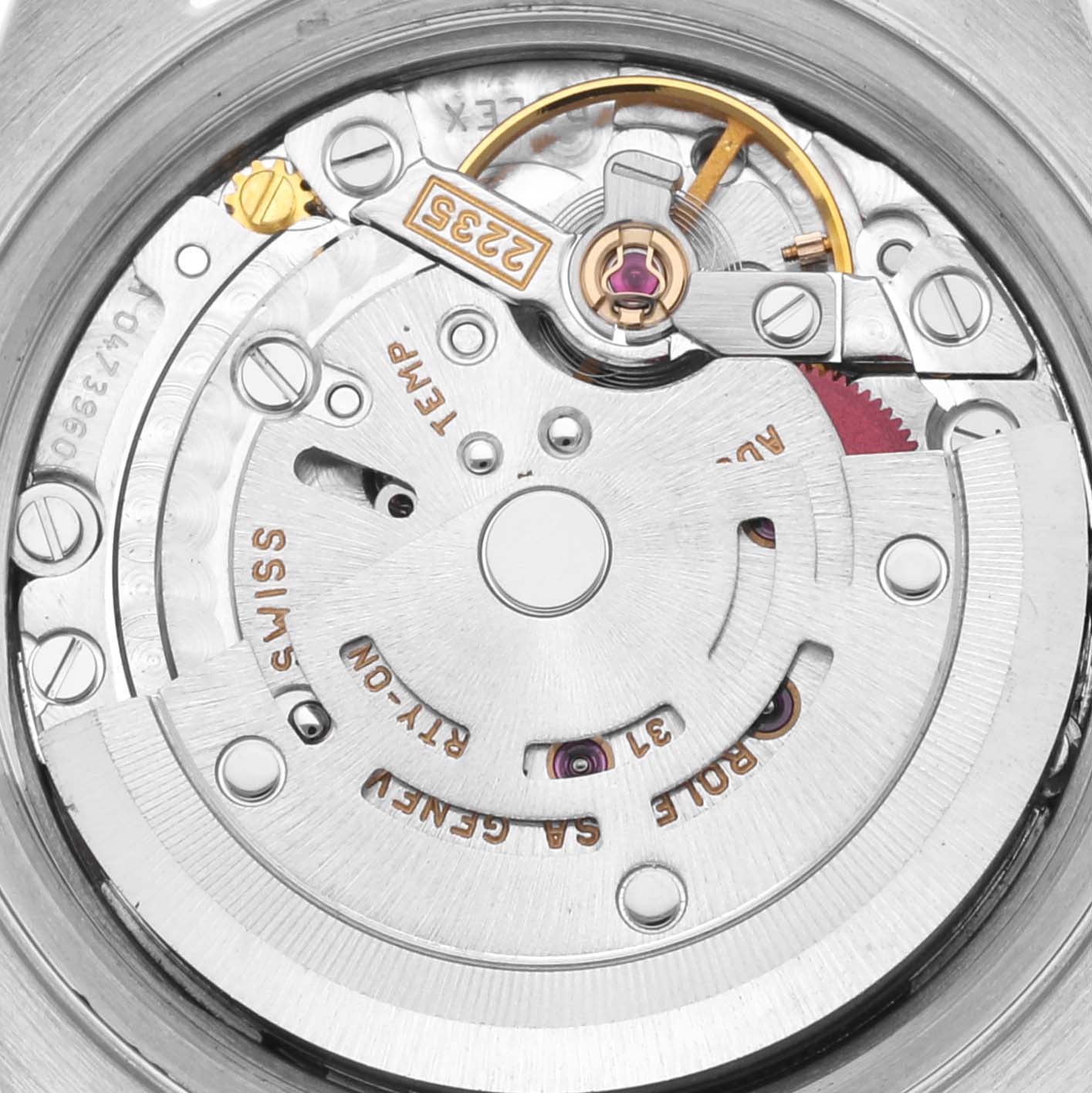 The image shows a close-up view of the movement mechanism of a Rolex Datejust 79174 Women's Stainless Steel Silver Dial 79174 Women's Stainless Steel Silver Dial watch.